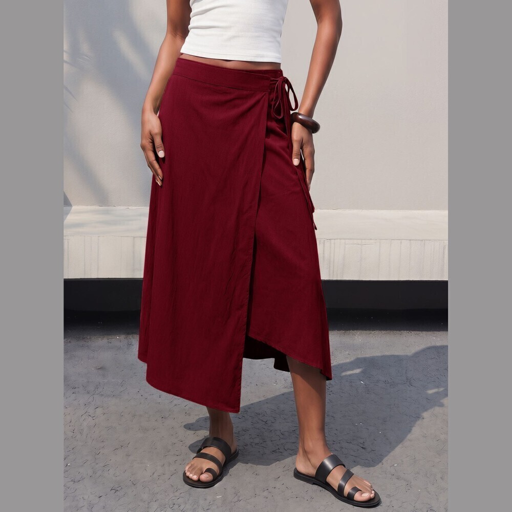 Burgundy Wrap Front Tie Waist Asymmetric Hem Midi Skirt